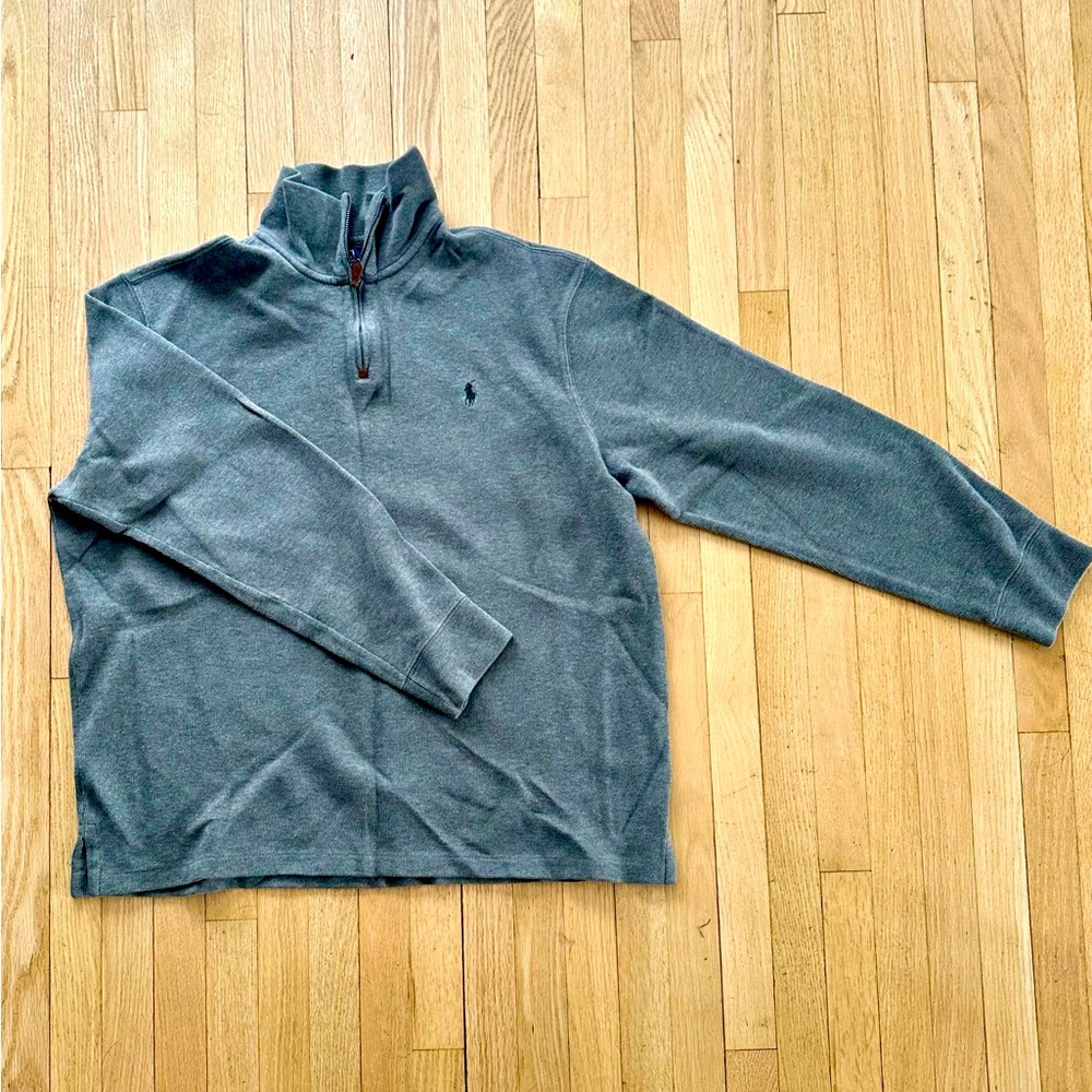 Grey / blue, Polo Ralph Lauren men’s quarter zip, lightly warn, size xl